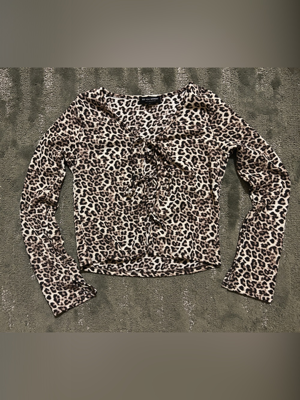 See You Monday Leopard Print Long Sleeve Ruffle Front Top - Brown/Tan/Black